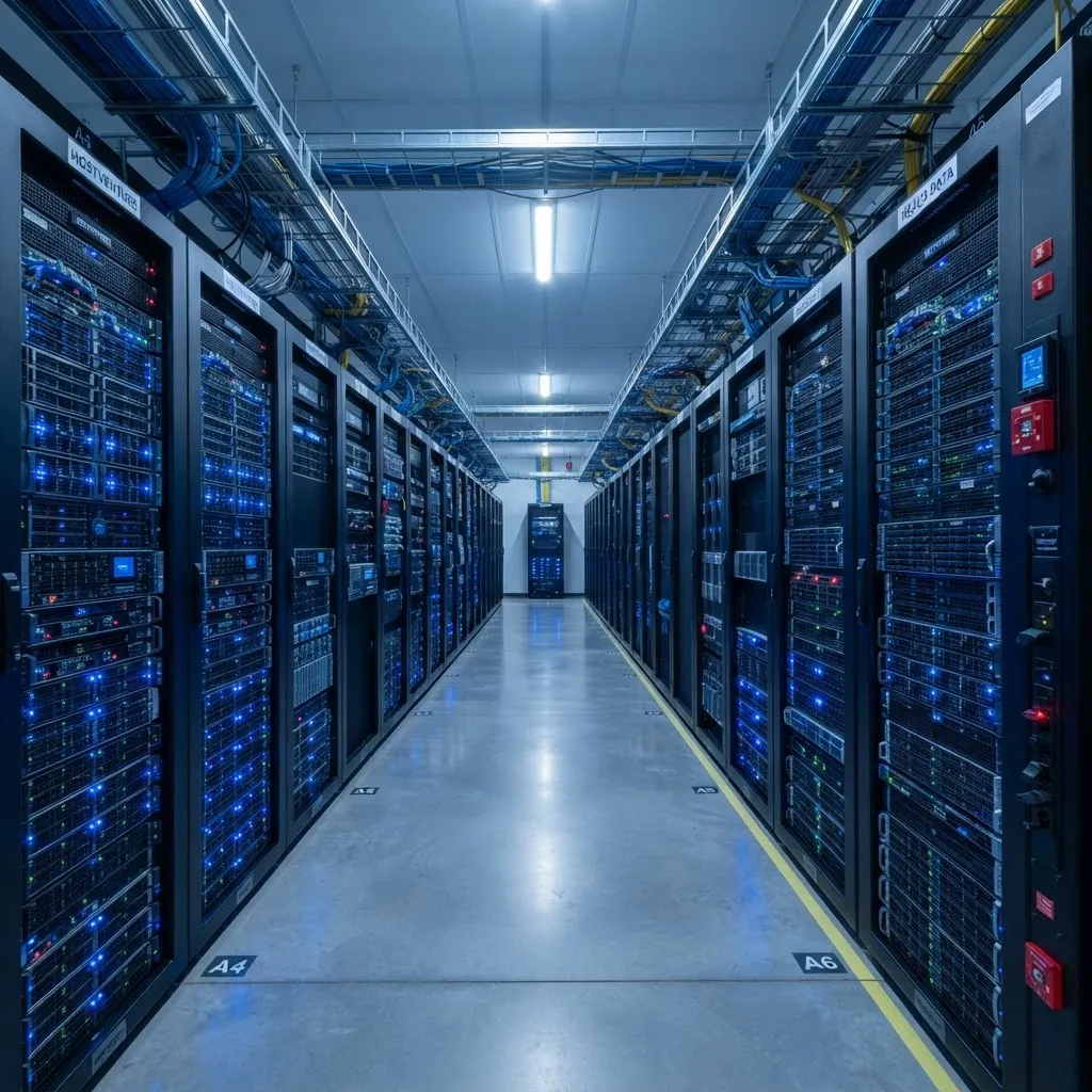 Serverschränke mit blau leuchtenden Statusanzeigen in einem Rechenzentrum
