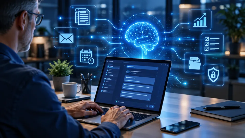 Mann arbeitet am Laptop, unterstützt durch KI für Dokumente, E-Mails und Büroorganisation