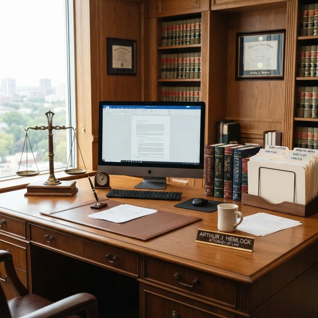 Anwaltskanzlei mit Computer und Justitia-Waage
