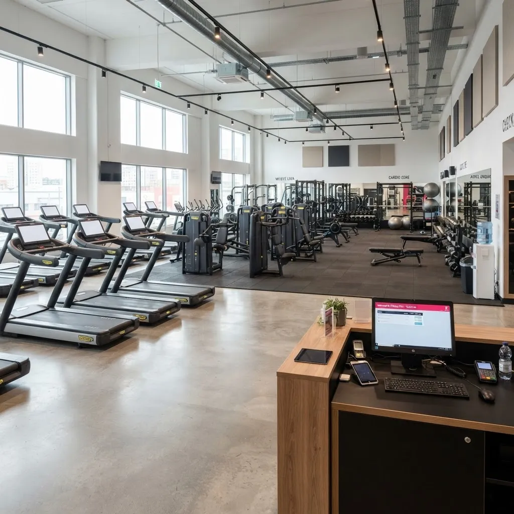 Modernes Fitnessstudio mit Check-in-Terminal