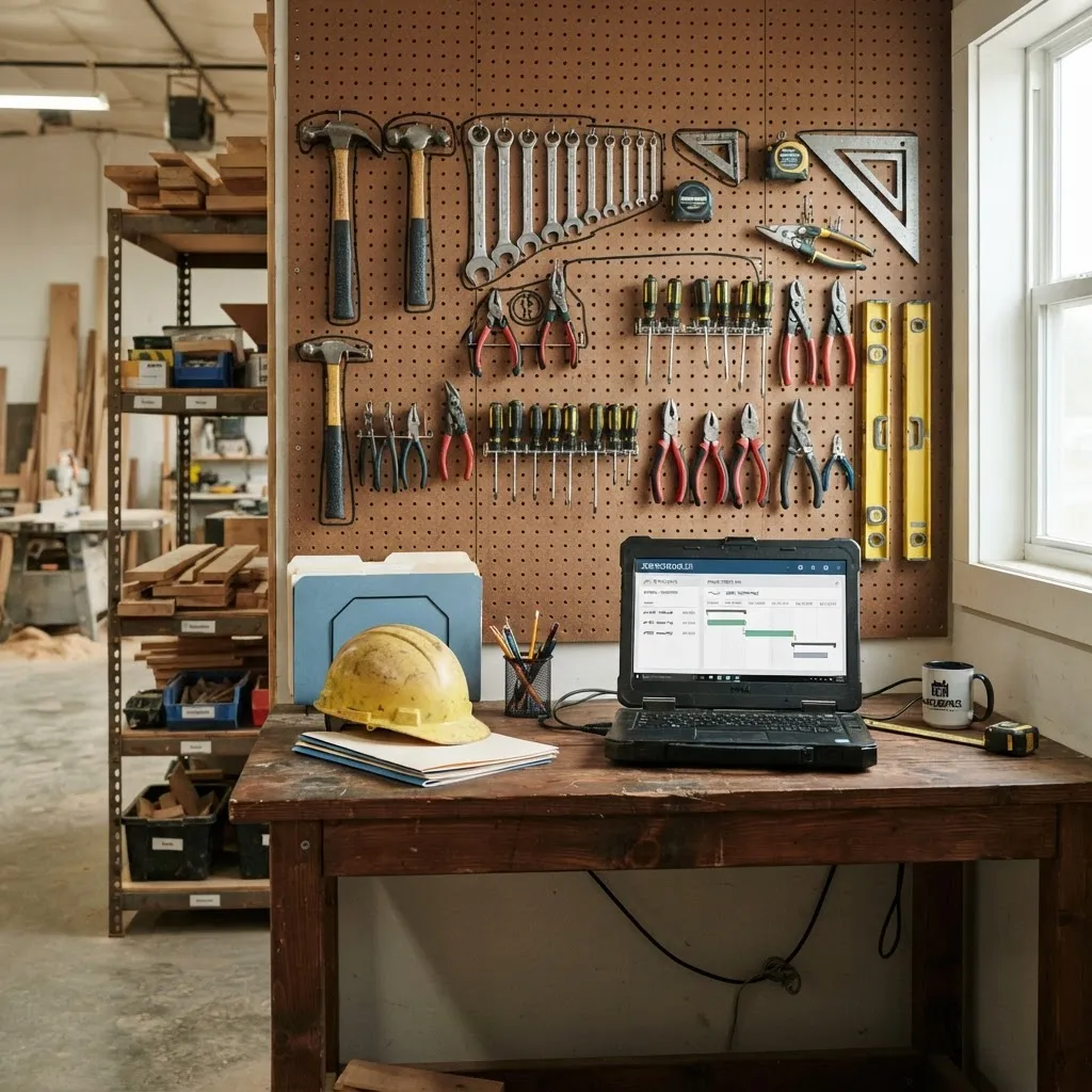Handwerksbetrieb mit Büro-EDV und Werkzeugwand