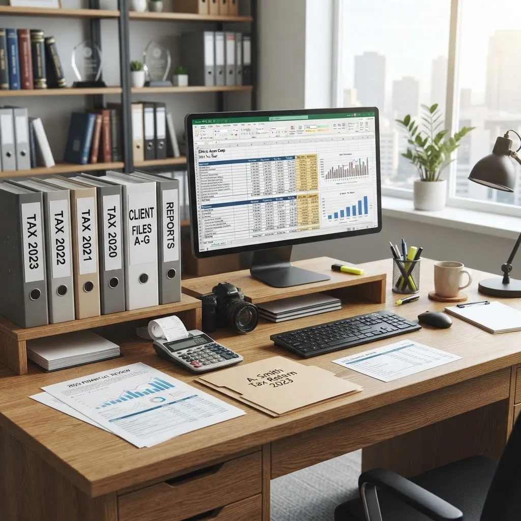 Steuerberatungsbüro mit Computer und Aktenordnern