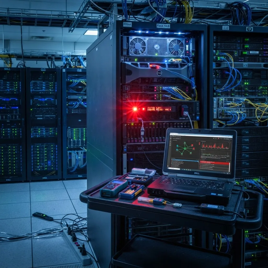 Serverschrank mit rotem Alarm-Signal und Diagnose-Werkzeugen im IT-Notdienst