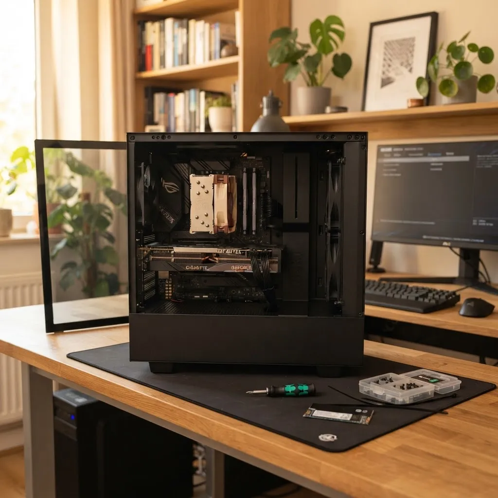 Opened desktop PC with visible components being upgraded on a desk
