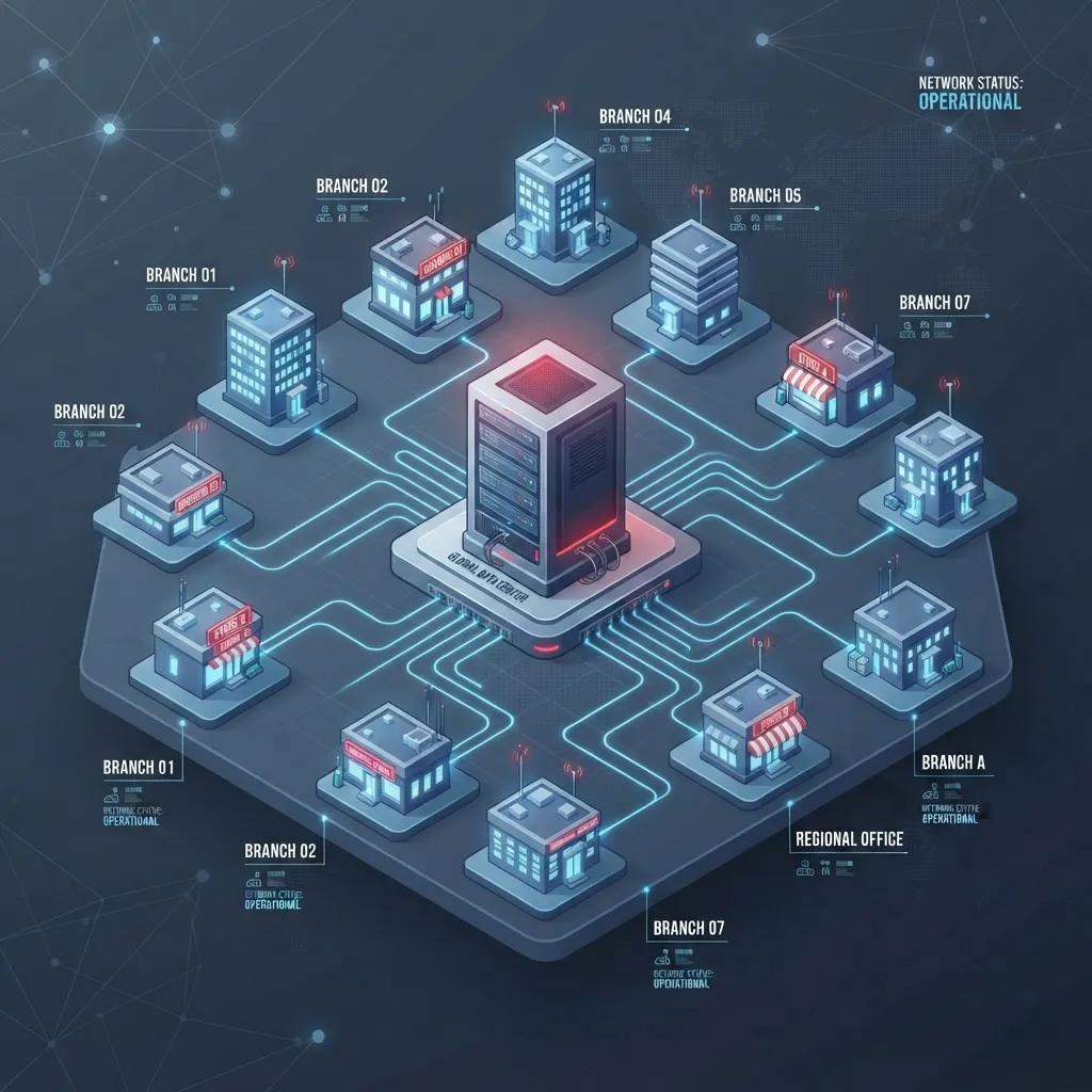 Mehrere vernetzte Standort-Symbole verbunden mit einem zentralen Server