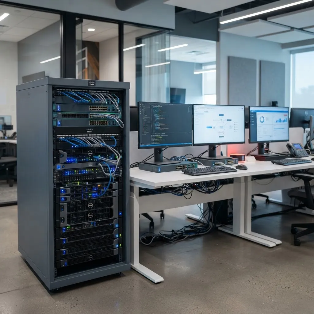 Server cabinet next to networked office workstations with status indicators