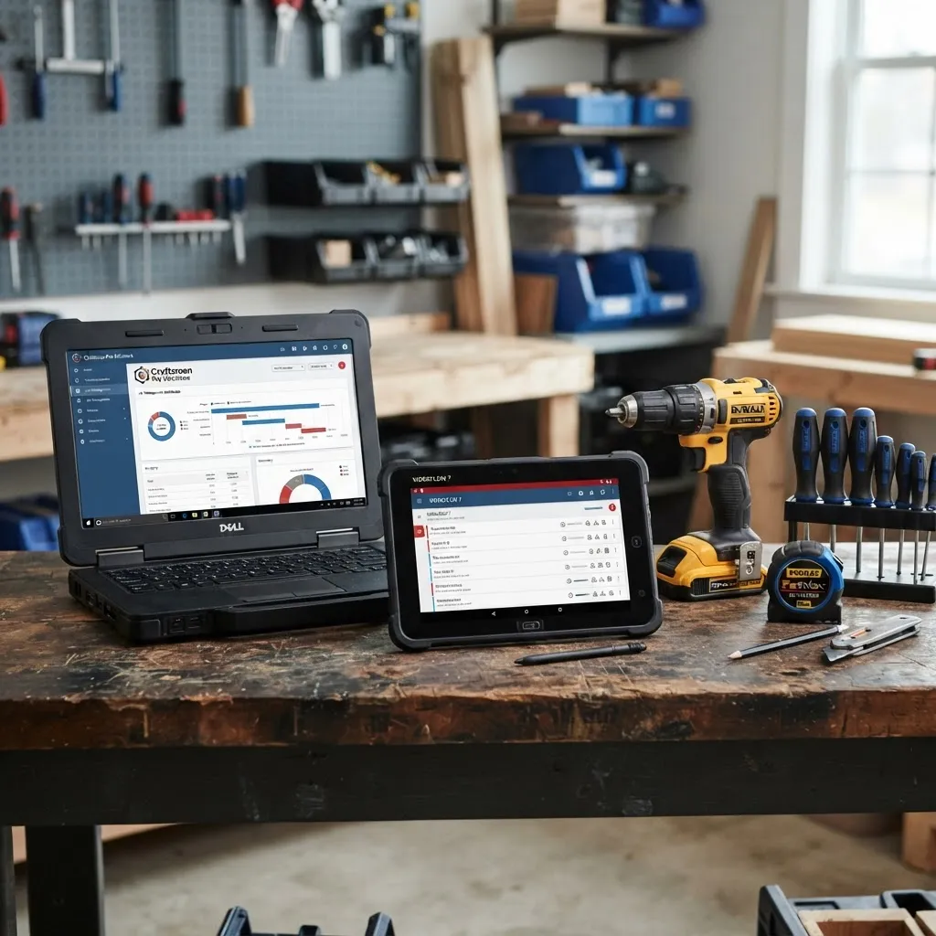 Robustes Tablet und Laptop neben Handwerkzeug auf einer Werkbank