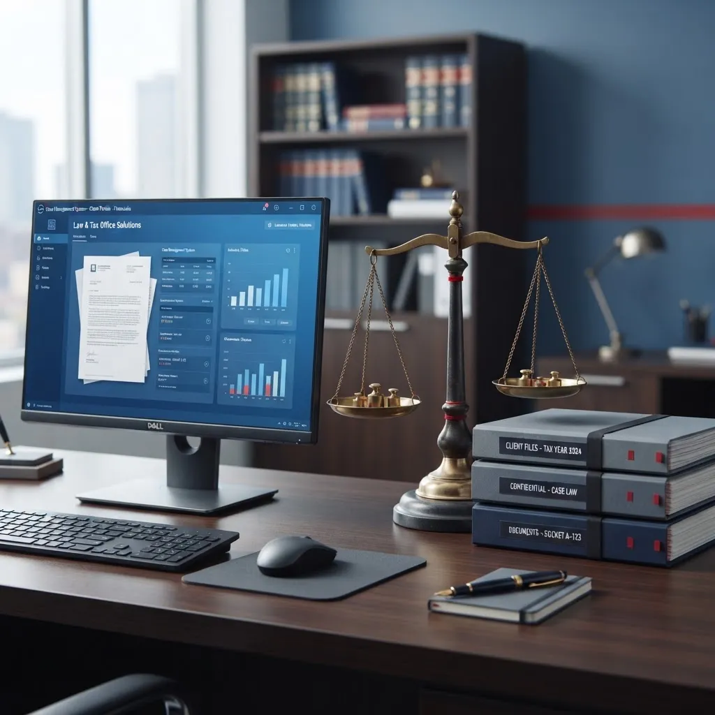 Computer neben einer Waage der Justitia und Aktenordnern als Sinnbild für Kanzlei-IT