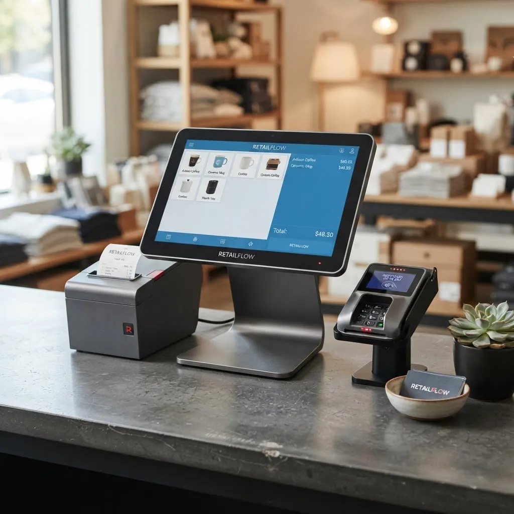 Modernes Kassenterminal mit Touchscreen, Bondrucker und Kartenleser