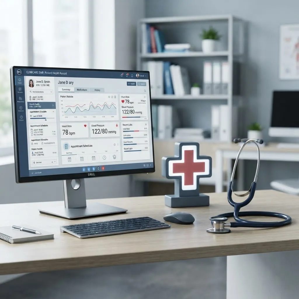 Monitor mit Gesundheitsdaten neben einem Medizin-Kreuz und Stethoskop als Sinnbild für Praxis-IT