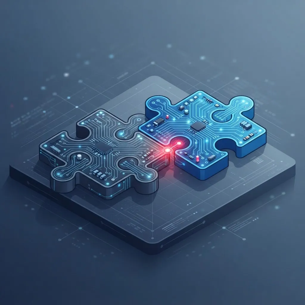 Zwei ineinandergreifende Puzzleteile aus Platinenmustern als Sinnbild für Partnerschaft