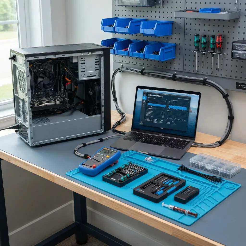 Technician setting up a private computer workstation at home