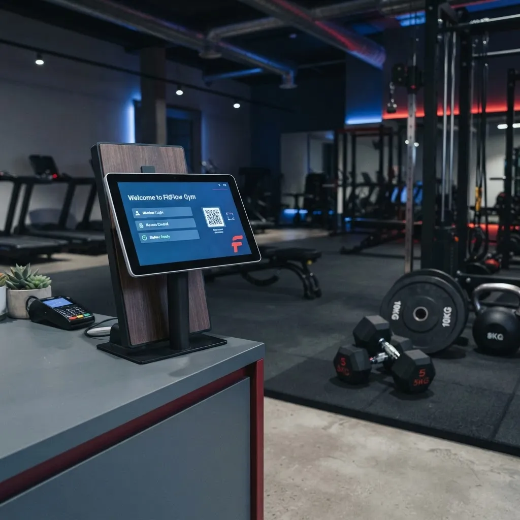Check-in-Terminal neben Hantel- und Fitnessgeräte-Silhouetten als Sinnbild für Studio-IT