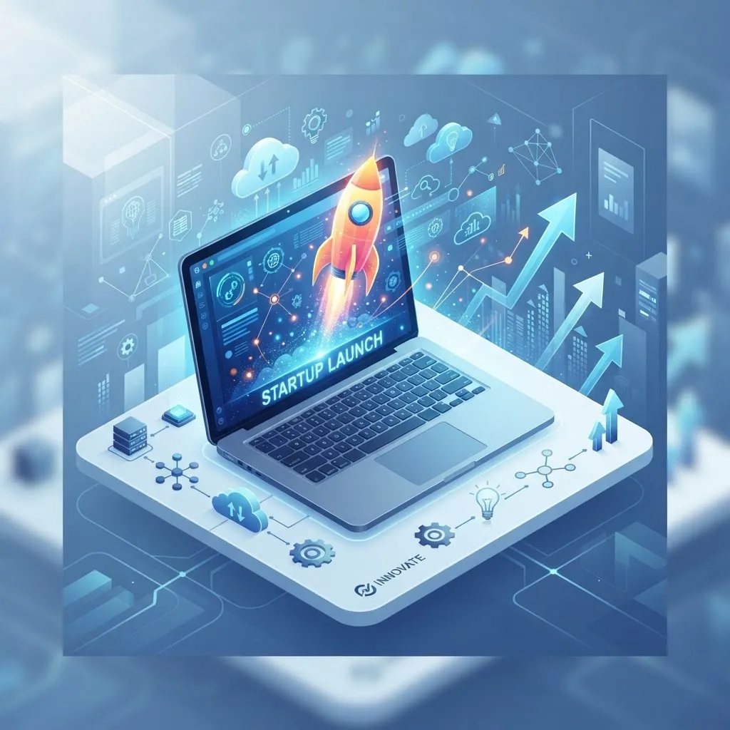 Laptop mit Raketen-Symbol umgeben von Cloud- und Netzwerksymbolen als Sinnbild für Startup-IT