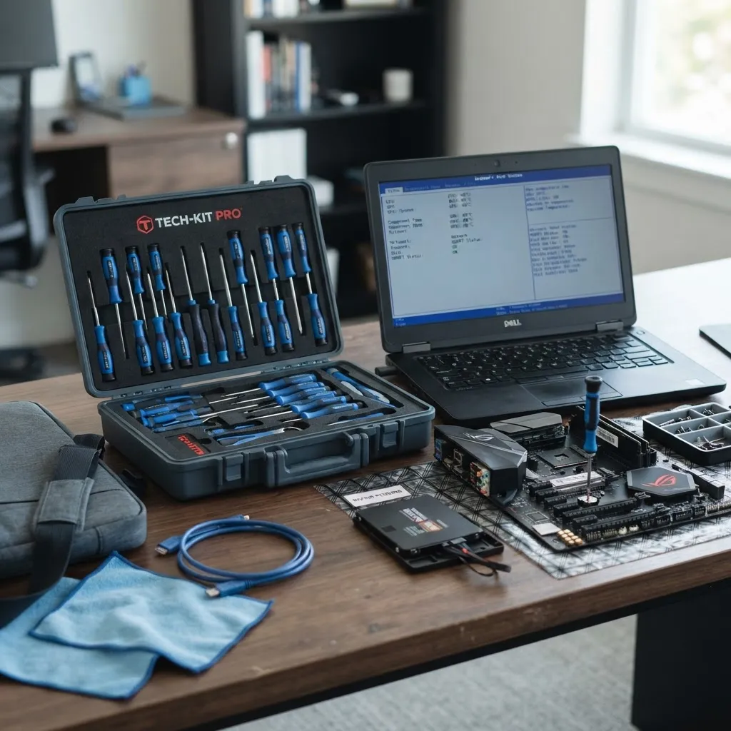 Geöffneter Werkzeugkoffer und Laptop mit Diagnosebildschirm für den Vor-Ort-Service