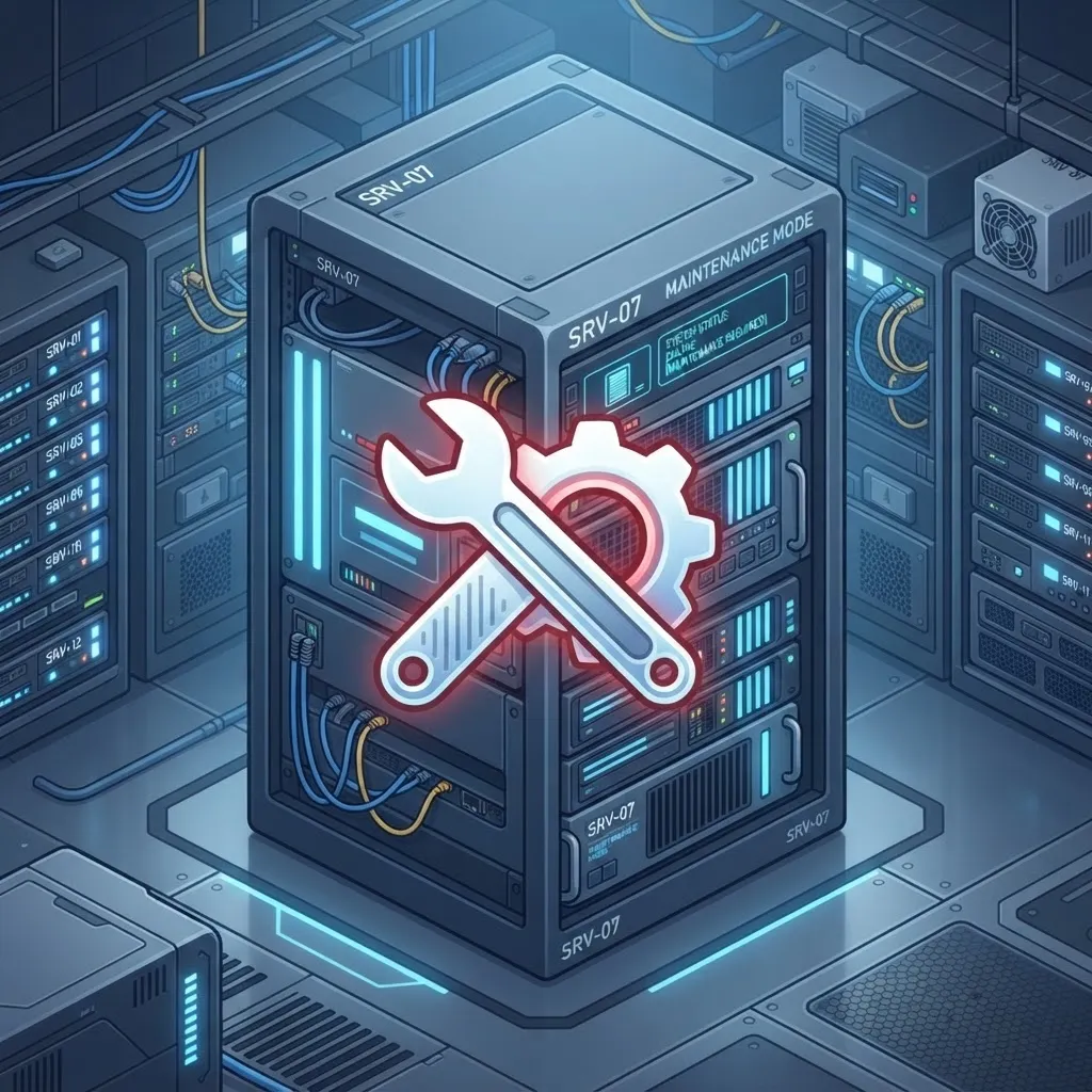 Server mit Schraubenschlüssel- und Zahnrad-Symbol als Sinnbild für Wartung