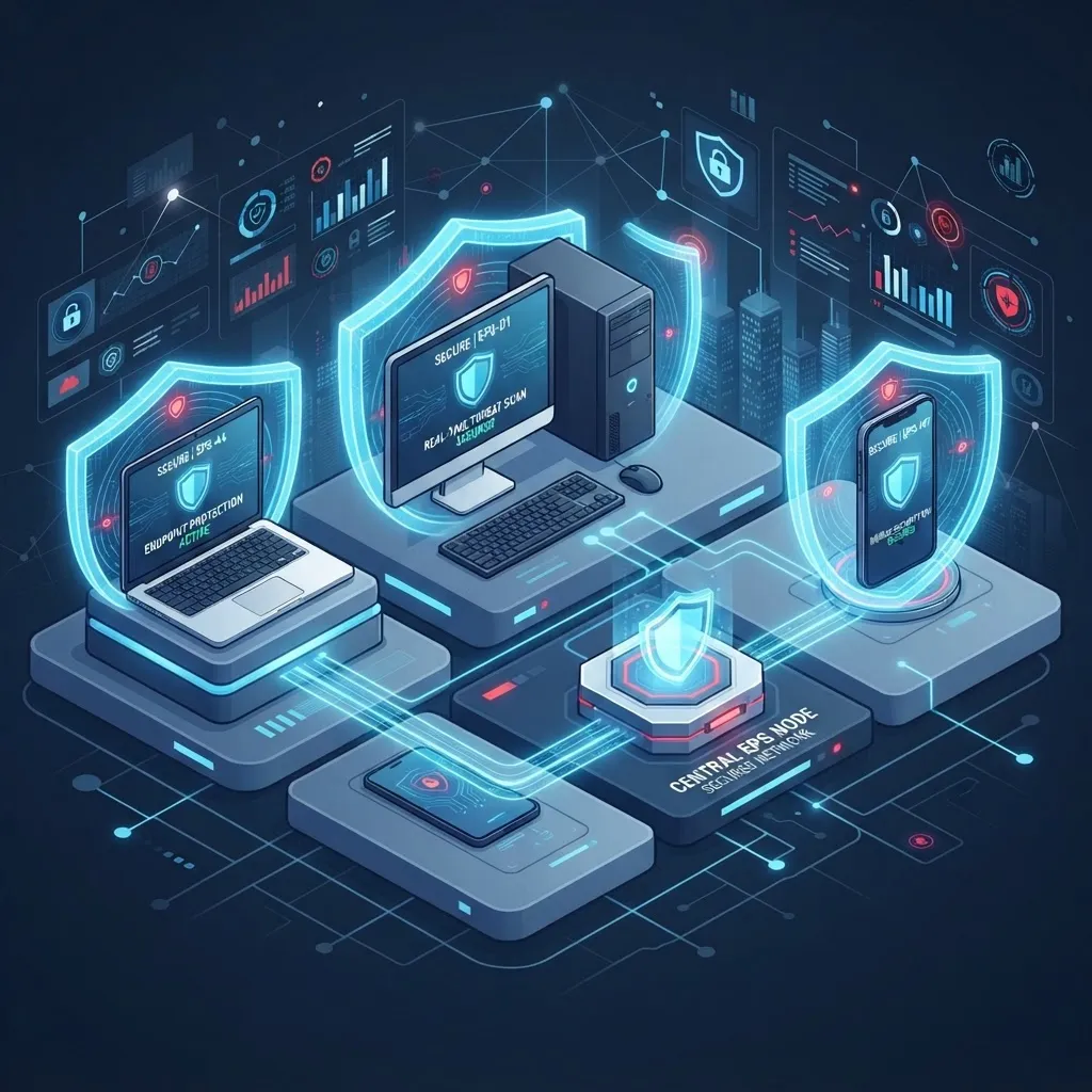 Endpoint Protection: Laptop, Desktop und Smartphone mit Schutzschild