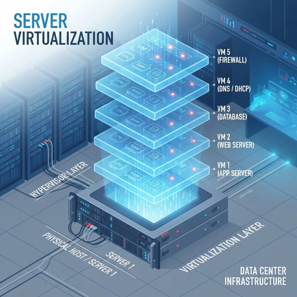Virtualisierung: ein physischer Server teilt sich in mehrere virtuelle Maschinen