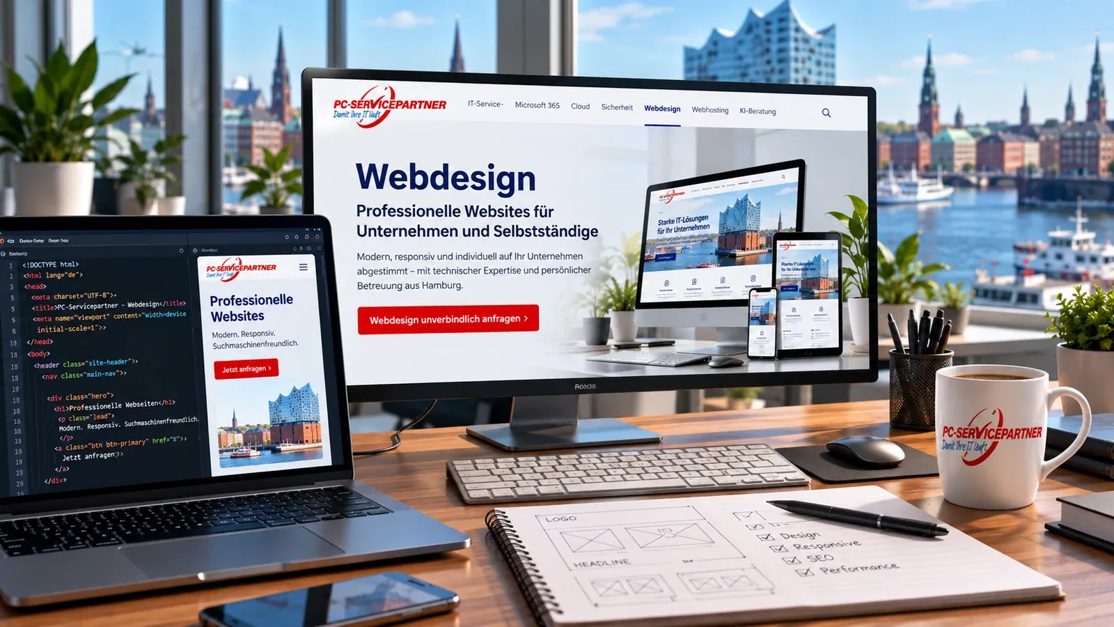 Webdesign-Arbeitsplatz mit responsiver Website-Darstellung und Hamburg-Panorama
